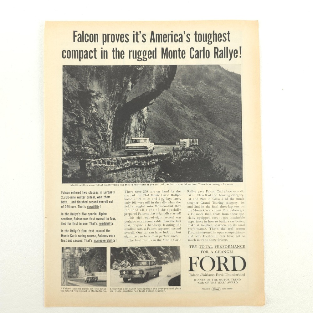 FORD Print Ad Falcon Monte Carlo Rally Promo Art Upcycled Vintage Advertisement